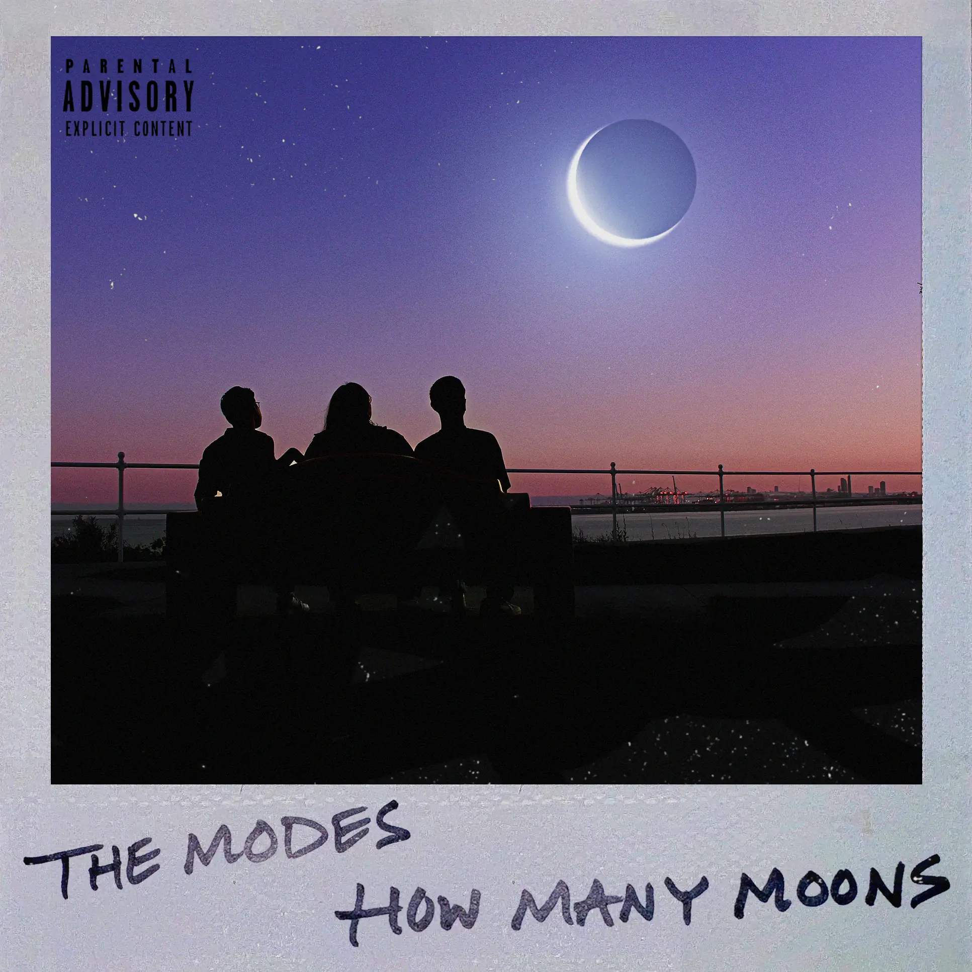 Artwork for The Modes new album, How Many Moons. The picture shows the three members of the band sitting on a bench by the beach, with a sky at dawn full of stars and with a big moon in the middle. The artwork includes a parental advisory explicit content warning.